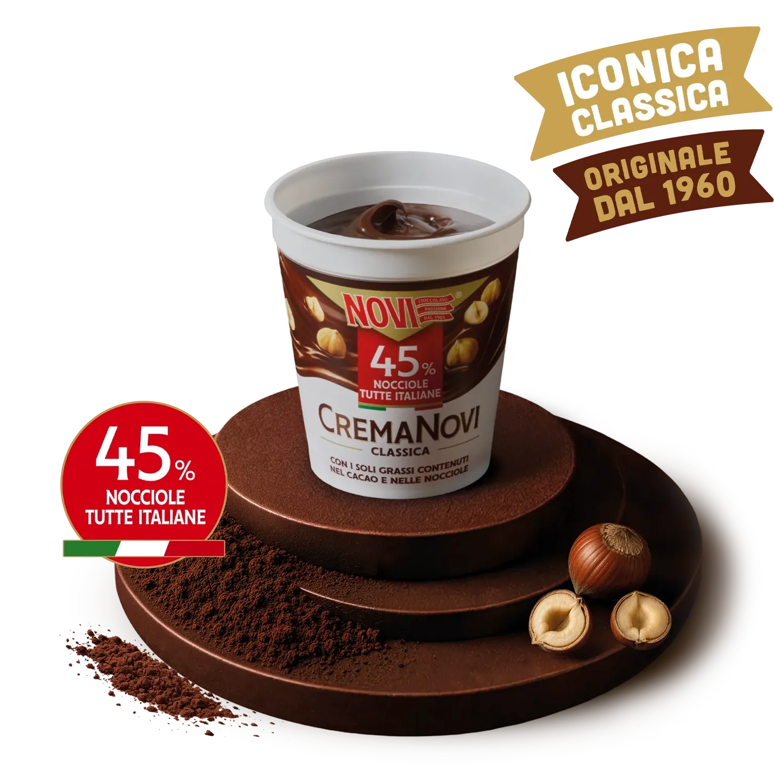 Vasetto di CremaNovi Classica con 45% di nocciole tutte italiane. Iconica classica, originale dal 1960.
