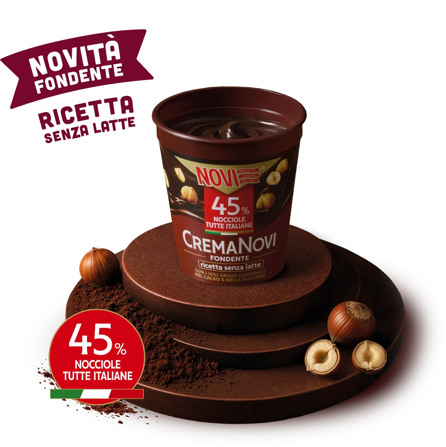 Vasetto di CremaNovi Fondente, novit&agrave; fondente con ricetta senza latte. 45% nocciole tutte italiane. VeganOK, senza glutine, senza lattosio.