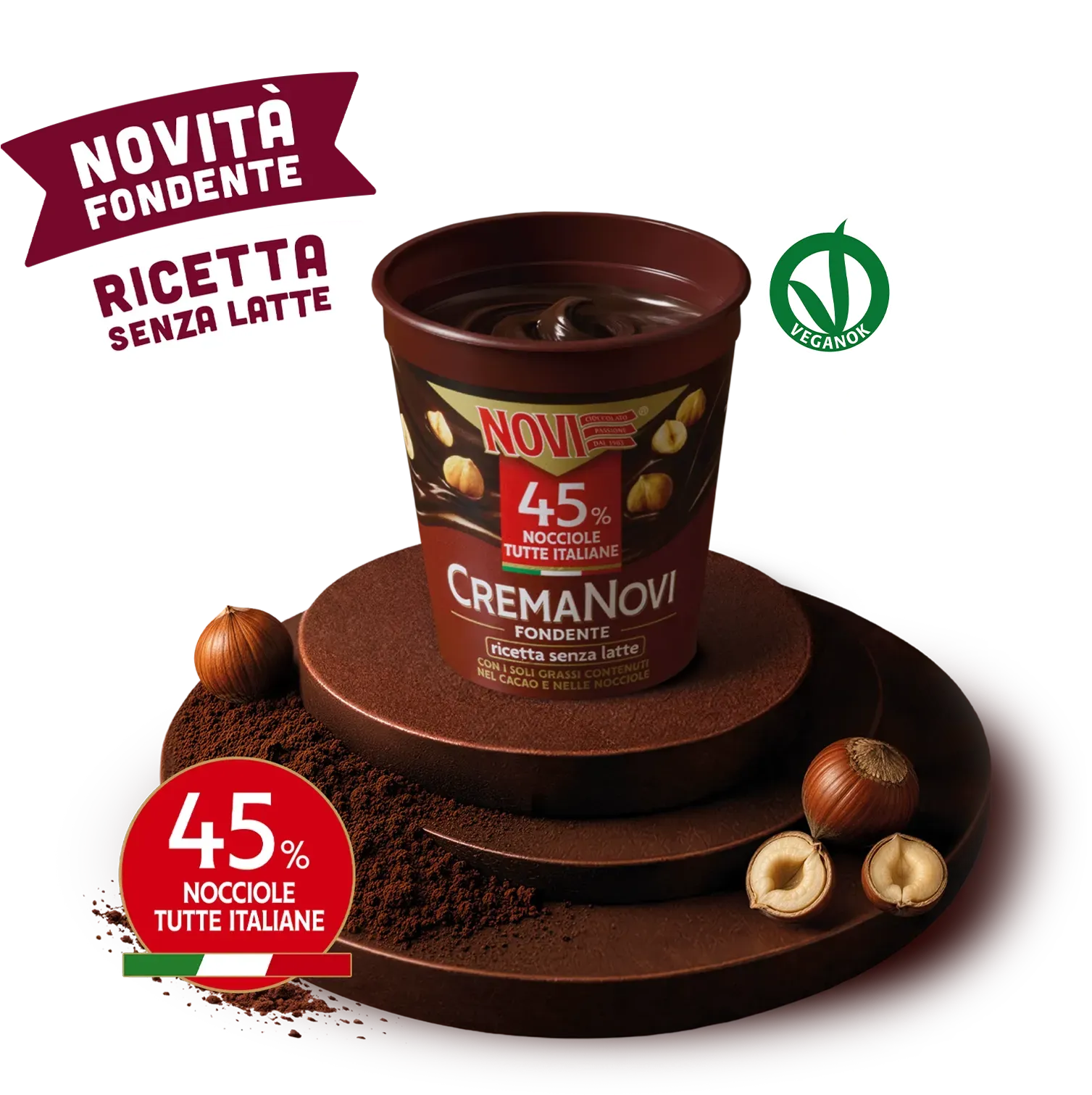 Vasetto di CremaNovi Fondente, novit&agrave; fondente con ricetta senza latte. 45% nocciole tutte italiane. VeganOK, senza glutine, senza lattosio.